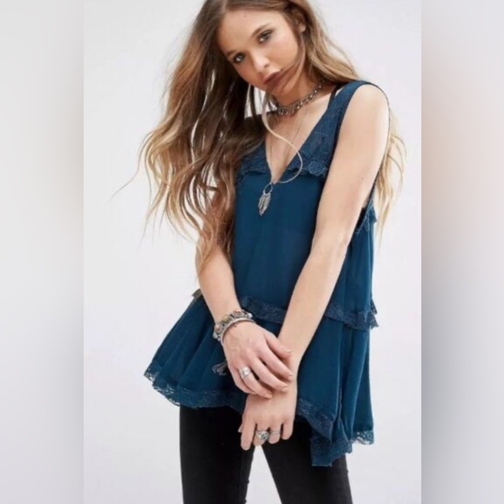 Free People Sleeveless Teal Blue Swing Trapeze Top